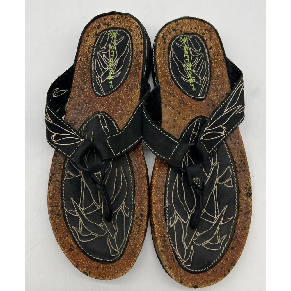 Terrasoles Women's Black Embroidered Cork Flip-Flops Sandals Size 10.5/11